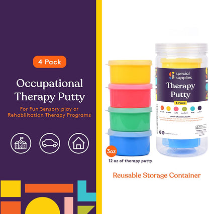 Therapy Putty - Resistive Hand Exercise Kit Set Of 4 Strengths 3oz Each