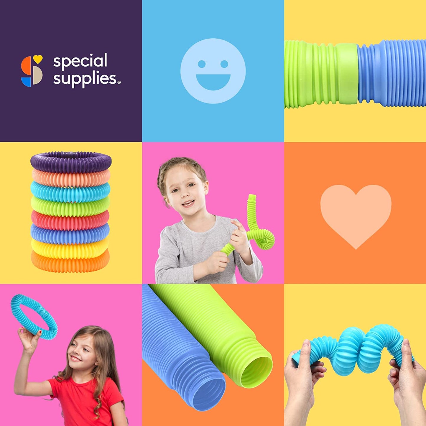 Special Supplies 8-Pack Fun Pull and Stretch Tubes for Kids - Pop, Bend, Build, and Connect Toy, Provide Tactile and Auditory Sensory Play, Colorful, Heavy-Duty Plastic (HUGE)