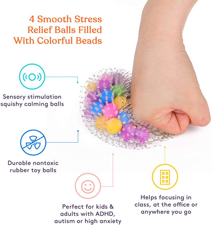 Squishy Spiky Stress Ball (4-Pack) Color Sensory Toy Fun for Kids and Adults