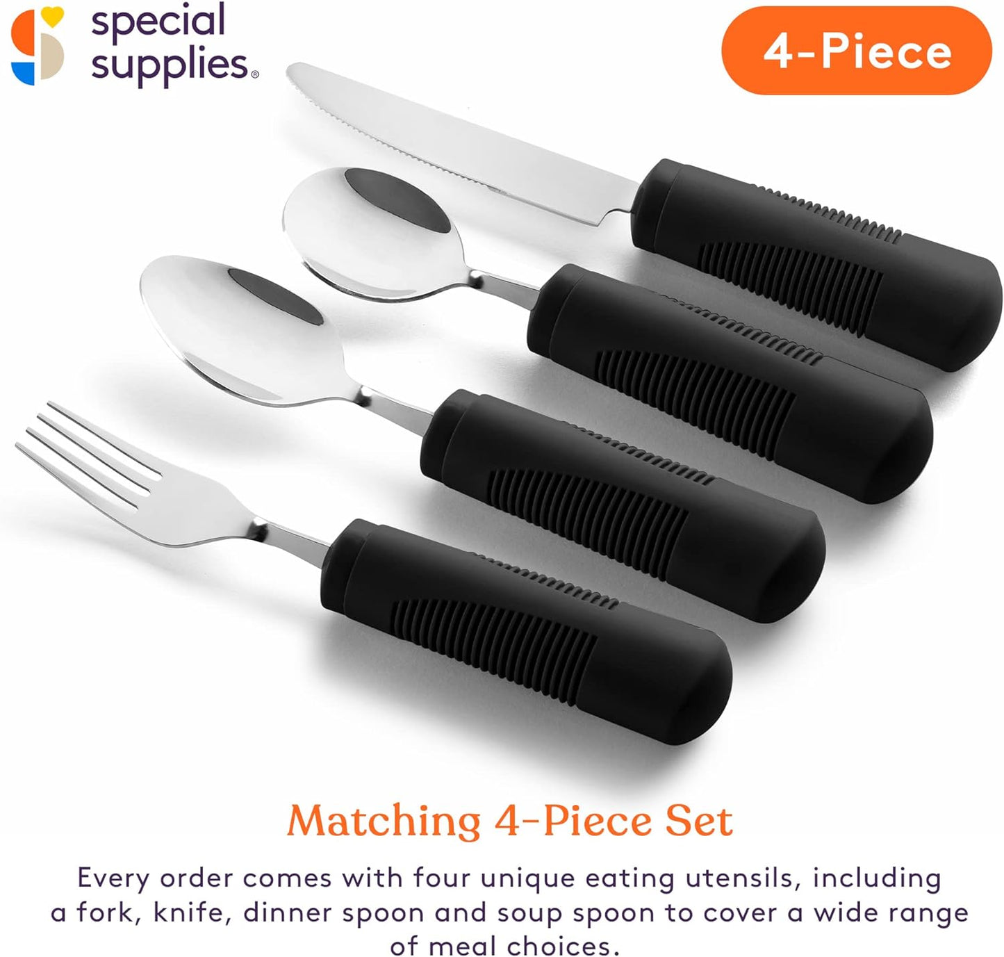 Adaptive Utensils - Weighted and Bendable 6 oz. Arthritis Aid Silverware - Easy Grip for Shaking, Elderly & Trembling Hands - Stainless Steel Spoons, Fork & Knife - Black