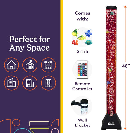 Aquarium Sensory Fish Bubble Light Tube with 16 LED Color Changing Nightlight Effect, Remote Control, and 5 Fishes, Colorful Floor Standing Lamp for Kids and Adults (4 feet)