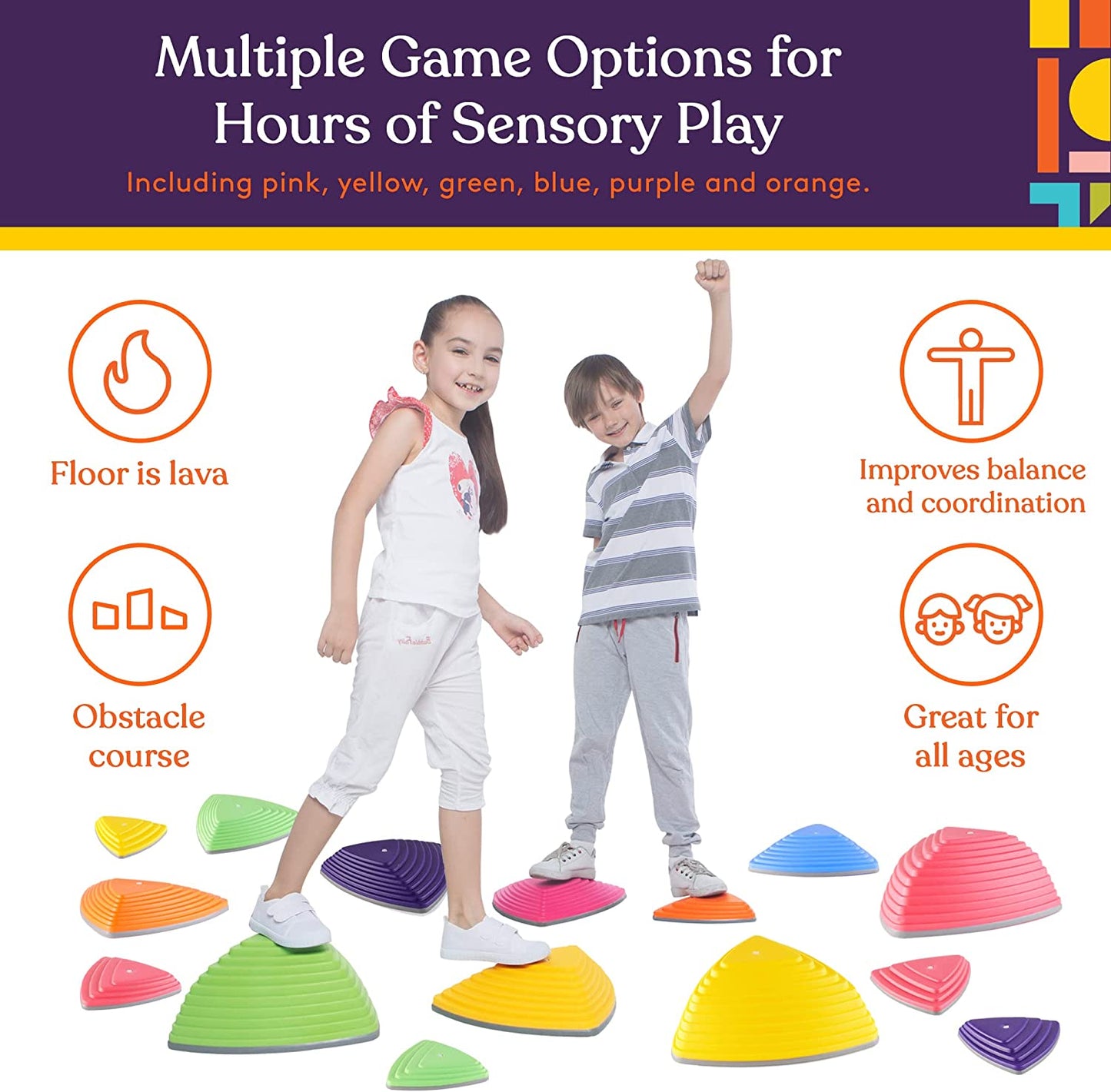 Stepping Balance Stones for Kids in Primary Colors by Special Supplies - 15 Piece Set