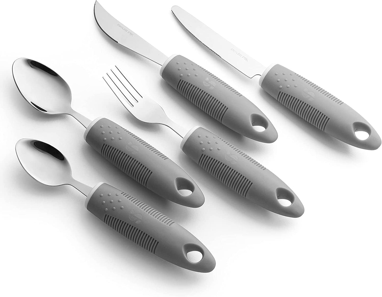 Adaptive Utensils - Arthritis Aid Silverware - Easy Grip for Shaking, Elderly & Trembling Hands - Stainless Steel Spoons, Fork & Knifes Included - Grey