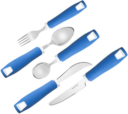 Set of 5 Blue Adaptive Utensils - Stainless Steel Knife, Rocker Knife, Fork, Soup Spoon, Dinner Spoon