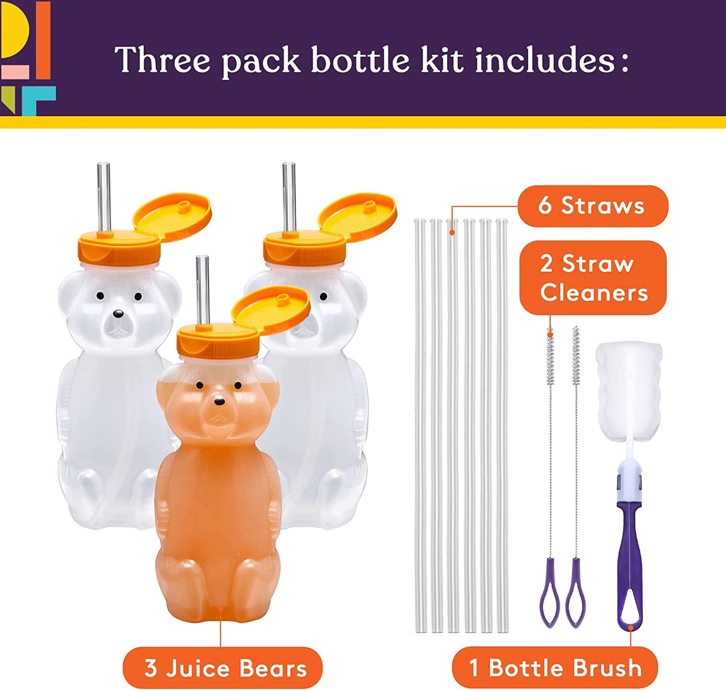 3-pack Juice Bear Bottle Drinking Cup with Long Straws (8 Ounces)