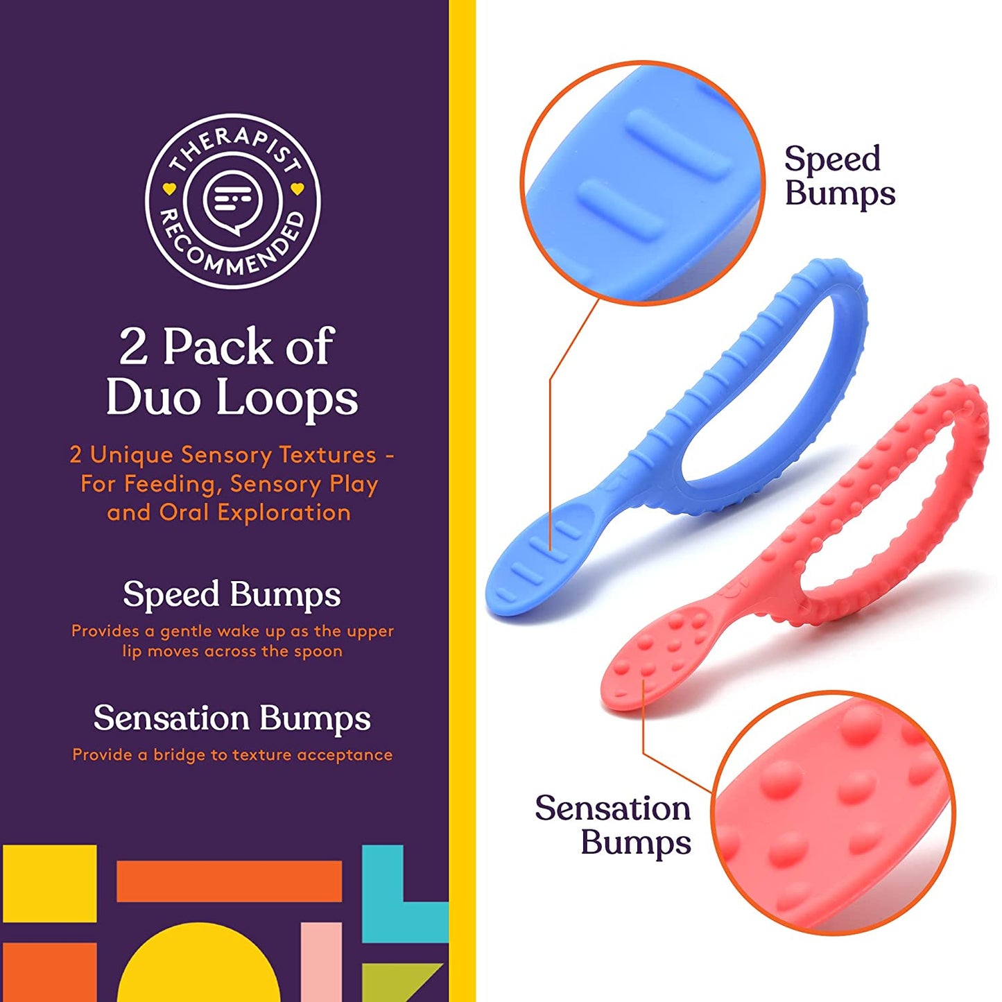 Special Supplies Duo Spoon Loops Oral Motor Therapy Tools, 2 Pack, Textured Stimulation and Sensory Input Treatment for Babies, Toddlers or Kids, BPA Free Silicone with Flexible, Easy Handle-Red & Blue