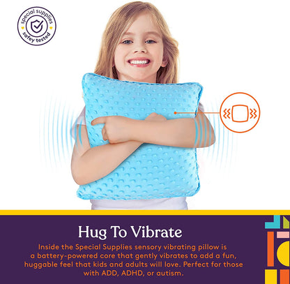 Vibrating Sensory Pillow for Kids and Adults, 12” x 12” Plush Velvet Soft Cover with Textured Therapy Stimulation, HUG TO ACTIVATE, (Blue)