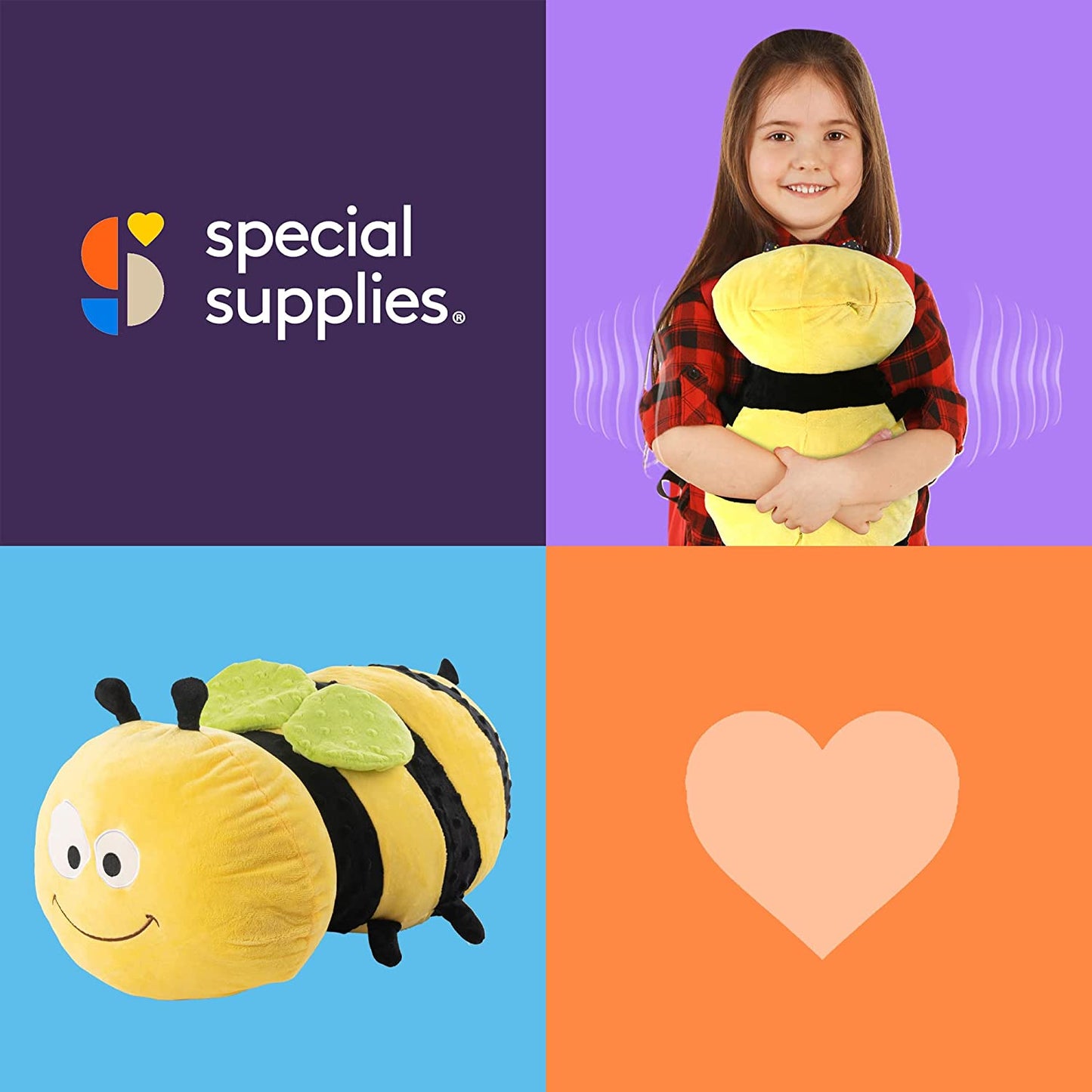 Special Supplies Bumble Bee Sensory Vibrating Pillow, Pressure Activated for Kids and Adults, Plush Minky Soft with Textured Therapy Stimulation Bumps