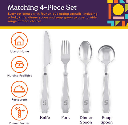 Adaptive Utensils - WEIGHTED 7 oz. Arthritis Aid Silverware - Easy Grip for Shaking, Elderly & Trembling Hands - Stainless Steel Spoons, Fork & Knife