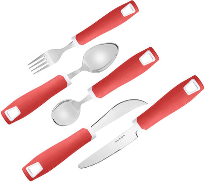 Set of 5 Red Adaptive Utensils - Stainless Steel Knife, Rocker Knife, Fork, Soup Spoon, Dinner Spoon