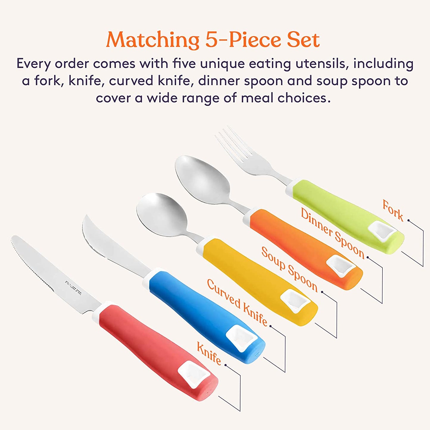 Set of 5 Colored Adaptive Utensils - Stainless Steel Knife, Rocker Knife, Fork, Soup Spoon, Dinner Spoon