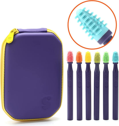 Sensory Mouth Brushes and Oral Stimulation Tools for Kids and Adults, 6 Pack, with Soft Textured Heads, Travel Case Included