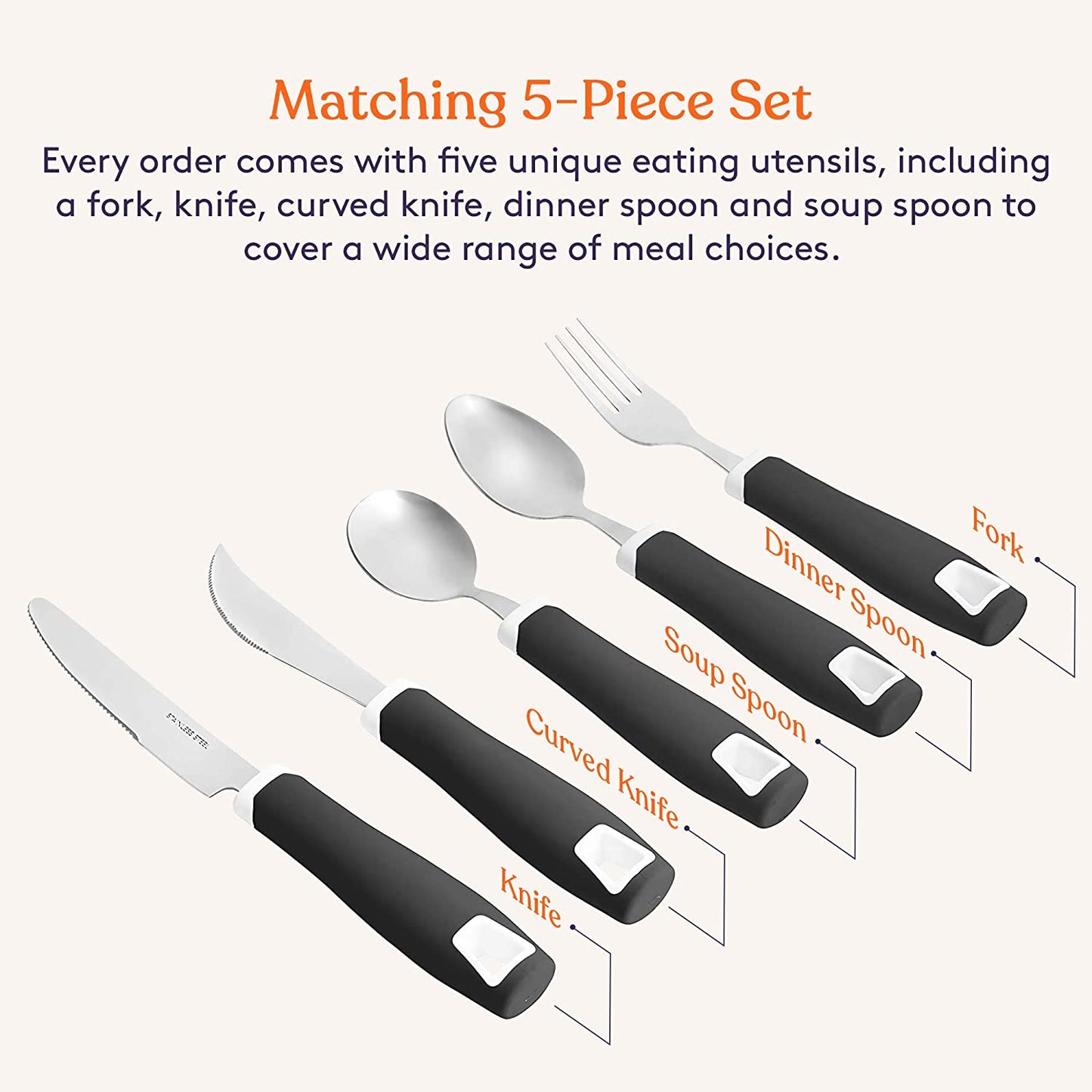 Set of 5 Black Adaptive Utensils - Stainless Steel Knife, Rocker Knife, Fork, Soup Spoon, Dinner Spoon