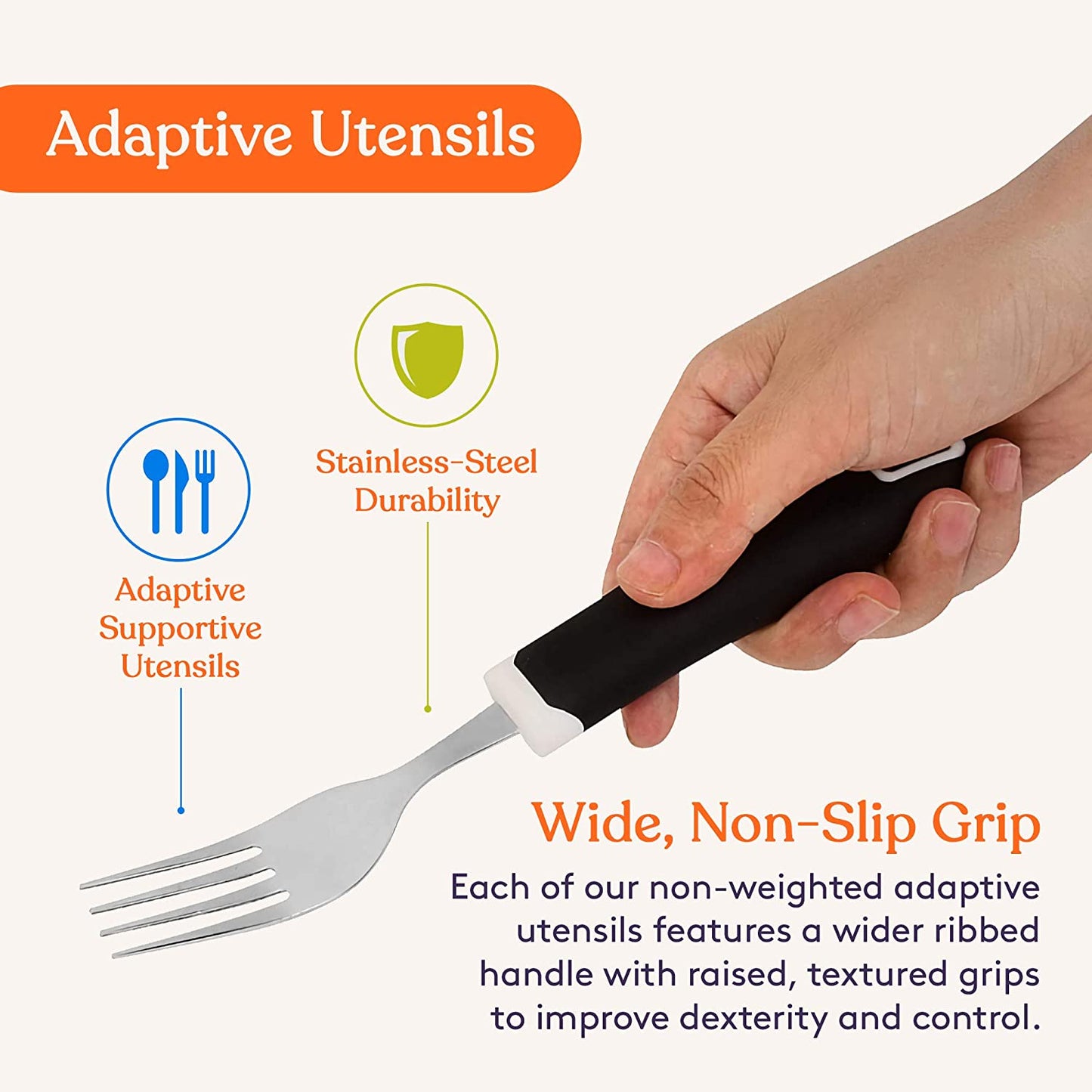 Set of 5 Black Adaptive Utensils - Stainless Steel Knife, Rocker Knife, Fork, Soup Spoon, Dinner Spoon