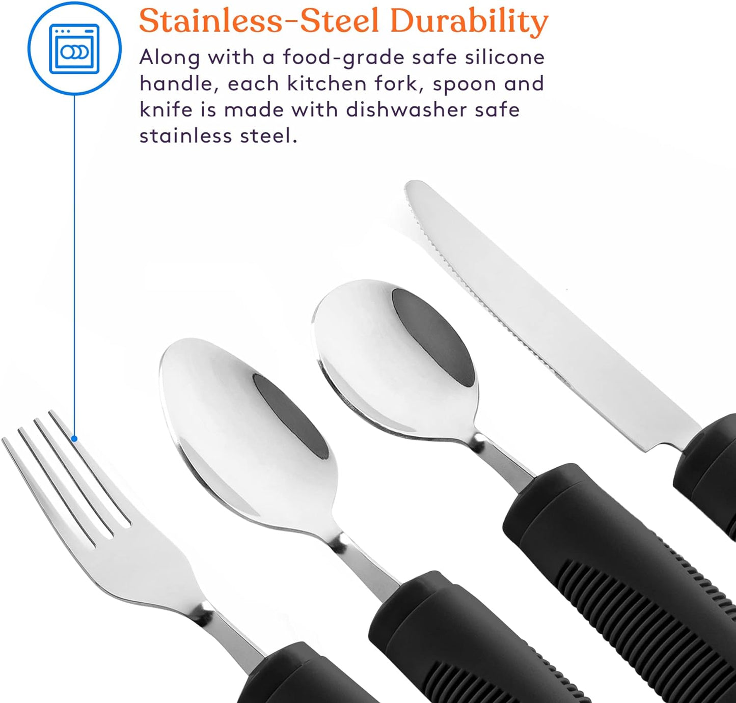 Adaptive Utensils - Weighted and Bendable 6 oz. Arthritis Aid Silverware - Easy Grip for Shaking, Elderly & Trembling Hands - Stainless Steel Spoons, Fork & Knife - Black