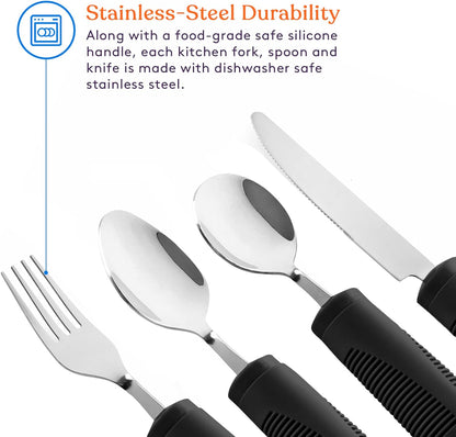 Adaptive Utensils - Weighted and Bendable 6 oz. Arthritis Aid Silverware - Easy Grip for Shaking, Elderly & Trembling Hands - Stainless Steel Spoons, Fork & Knife - Black