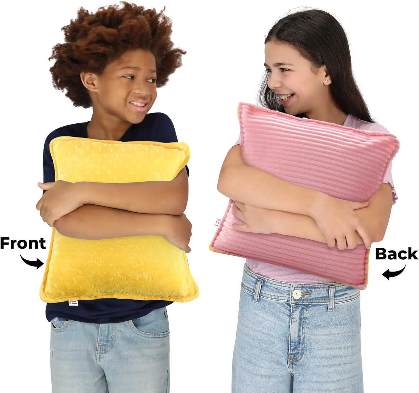 Vibrating Pillow Sensory Pressure Activated for Kids and Adults, 12” x 12” Plush Minky Soft Cover with Textured Therapy Stimulation Bumps, Pink and Yellow