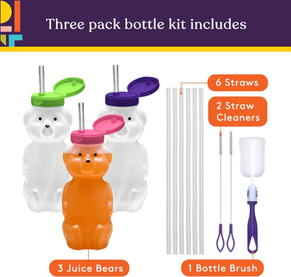 3-pack Juice Bear Bottle Drinking Cup with Long Straws (8 Ounces) (Purple,Green,Pink Caps)