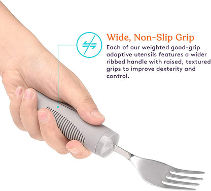 Adaptive Utensils - Weighted and Bendable 6 oz. Arthritis Aid Silverware - Easy Grip for Shaking, Elderly & Trembling Hands - Stainless Steel Spoons, Fork & Knife