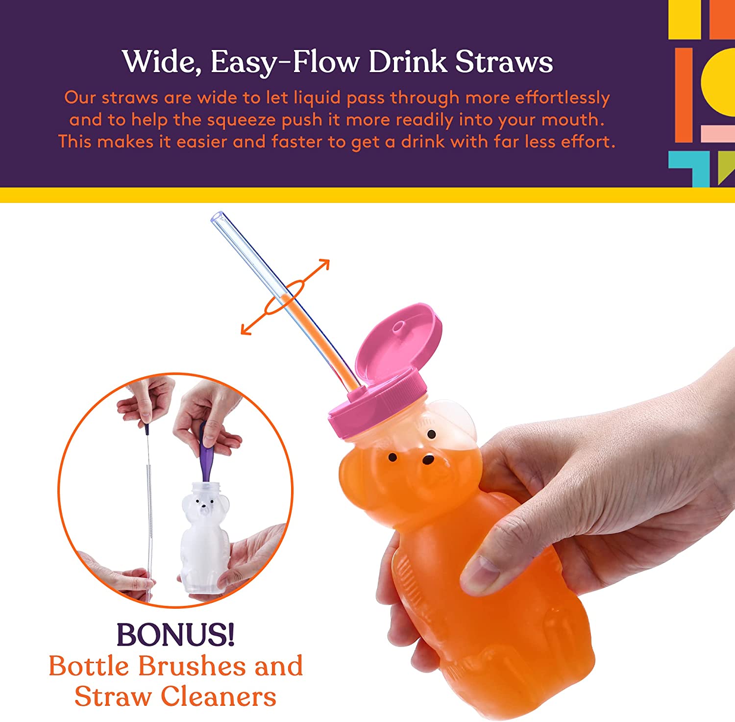 3-pack Juice Bear Bottle Drinking Cup with Long Straws (8 Ounces) (Purple,Green,Pink Caps)
