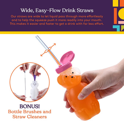 3-pack Juice Bear Bottle Drinking Cup with Long Straws (8 Ounces) (Purple,Green,Pink Caps)