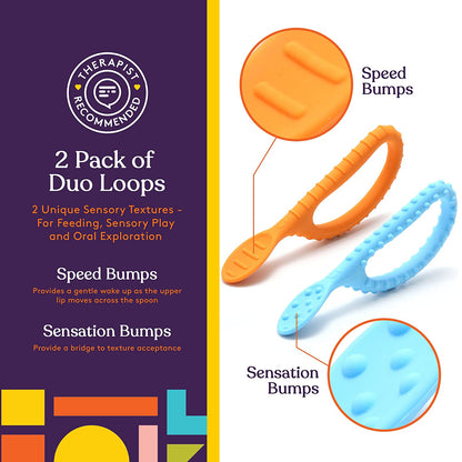 Special Supplies Duo Spoon Loops Oral Motor Therapy Tools, 2 Pack, Textured Stimulation and Sensory Input Treatment for Babies, Toddlers or Kids, BPA Free Silicone with Flexible, Easy Handle-Blue & Orange