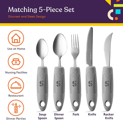 Adaptive Utensils - Arthritis Aid Silverware - Easy Grip for Shaking, Elderly & Trembling Hands - Stainless Steel Spoons, Fork & Knifes Included - Grey