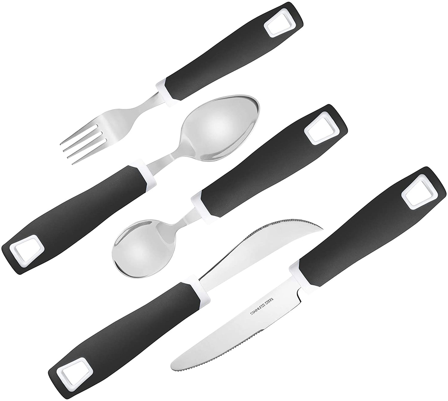 Set of 5 Black Adaptive Utensils - Stainless Steel Knife, Rocker Knife, Fork, Soup Spoon, Dinner Spoon