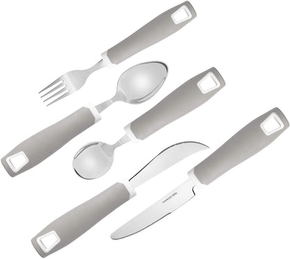 Set of 5 Gray Adaptive Utensils - Stainless Steel Knife, Rocker Knife, Fork, Soup Spoon, Dinner Spoon