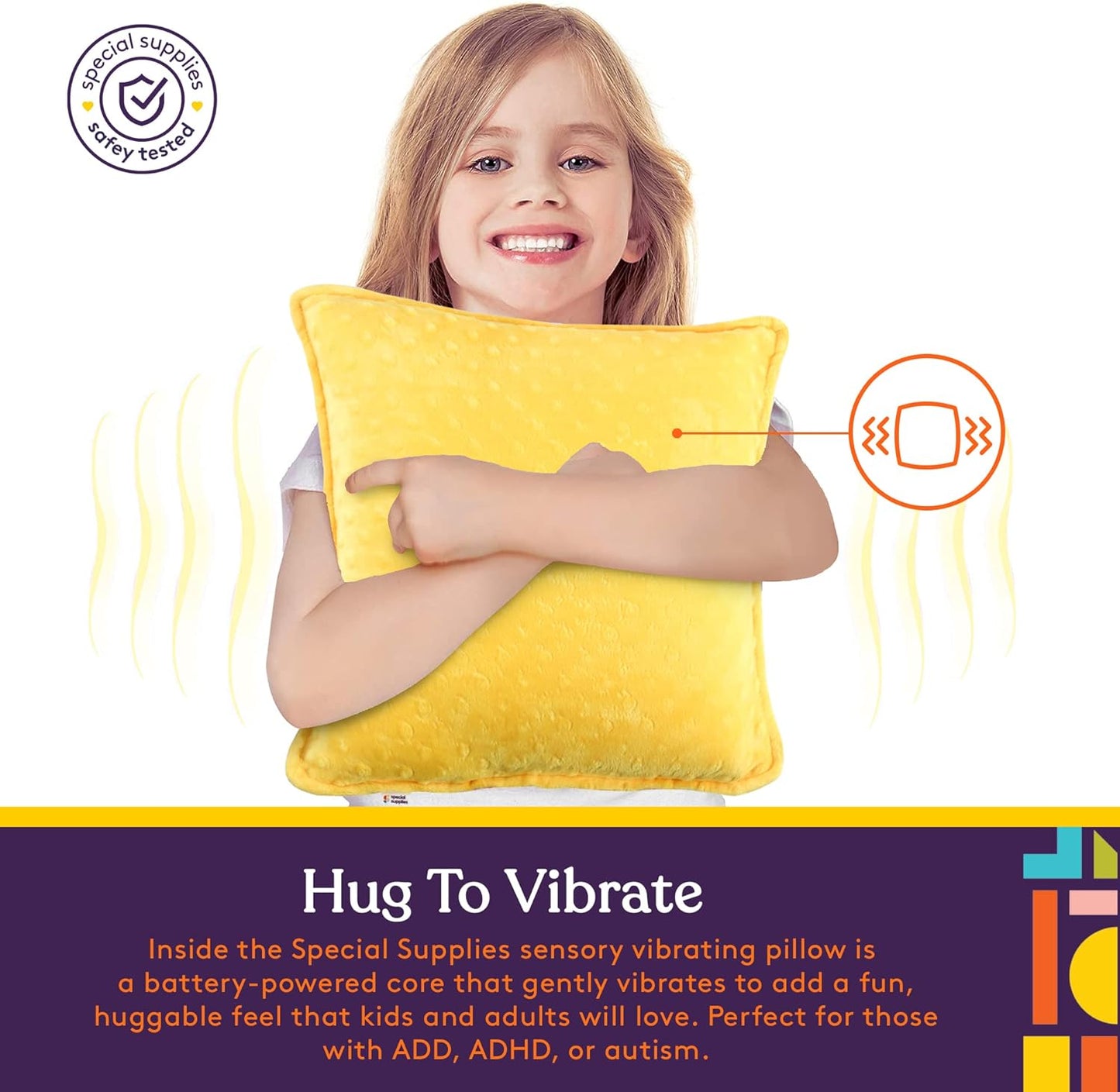 Vibrating Pillow Sensory Pressure Activated for Kids and Adults, 12” x 12” Plush Minky Soft Cover with Textured Therapy Stimulation Bumps, Pink and Yellow