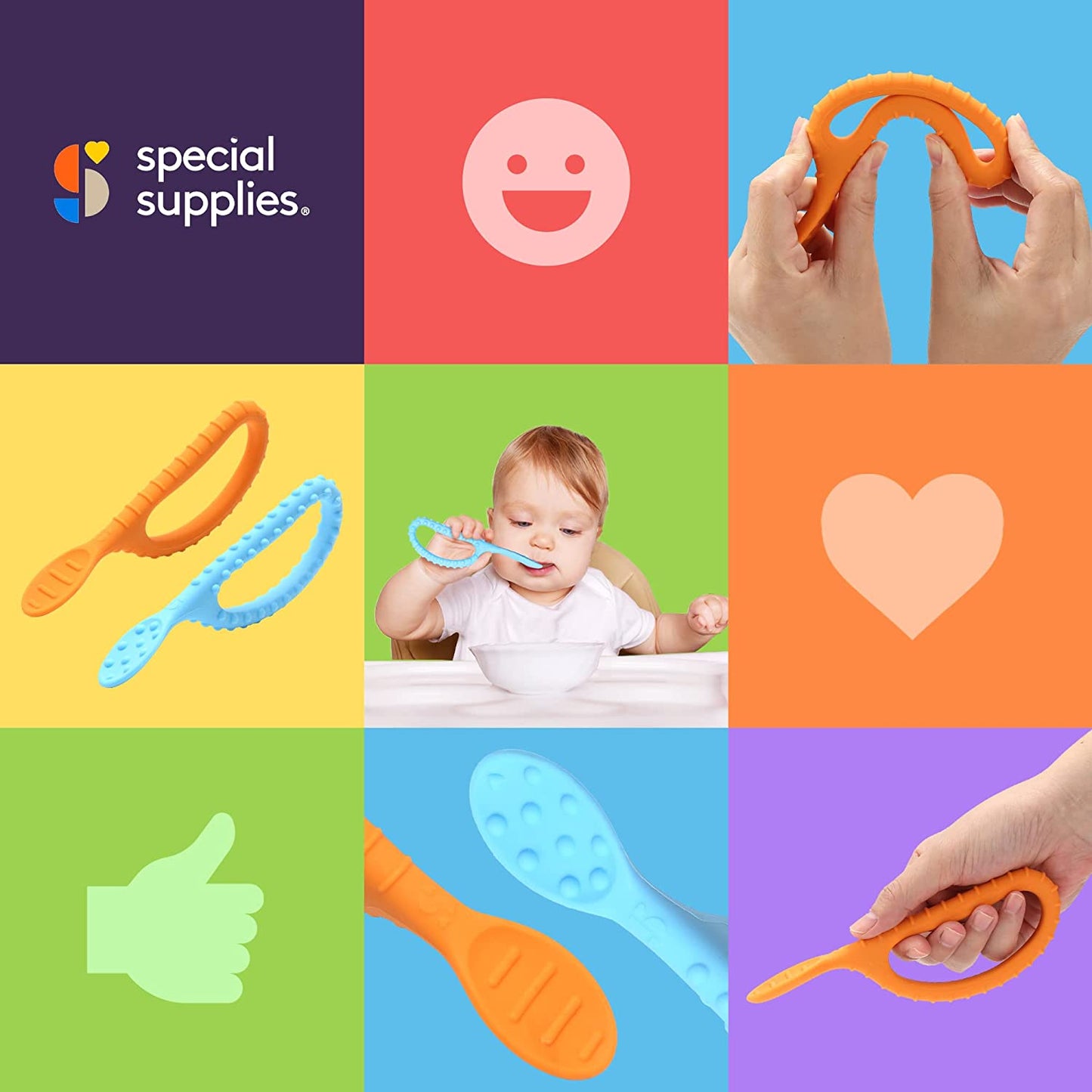 Special Supplies Duo Spoon Loops Oral Motor Therapy Tools, 2 Pack, Textured Stimulation and Sensory Input Treatment for Babies, Toddlers or Kids, BPA Free Silicone with Flexible, Easy Handle-Blue & Orange