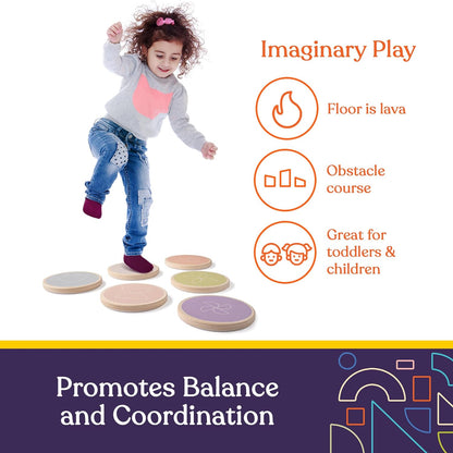 Balance Stepping Stones for Kids, 6 Pc. Set, Sensory Early Learning Montessori Toys, Obstacle Course for Balance and Coordination, Non-Slip Step, Wood