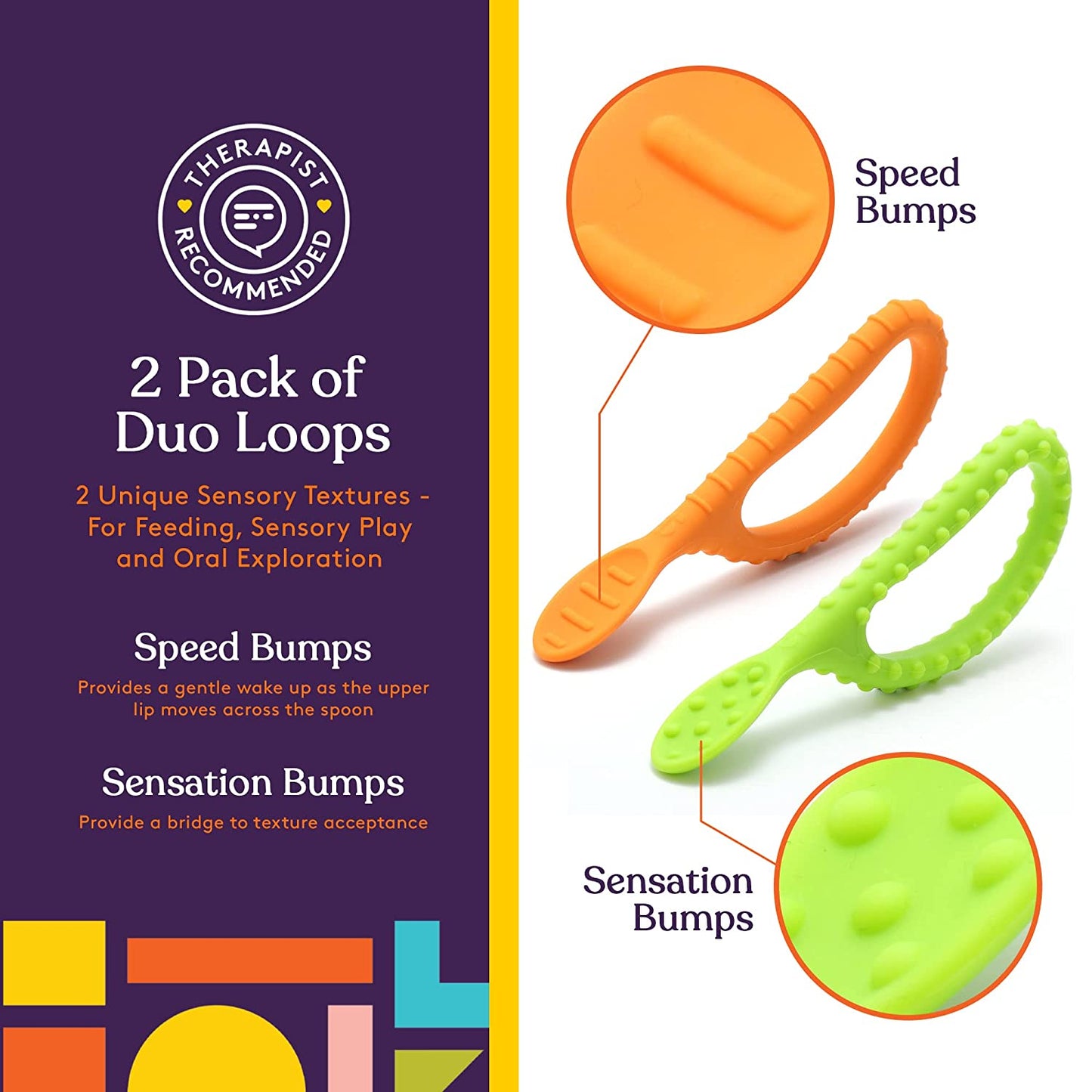 Special Supplies Duo Spoon Loops Oral Motor Therapy Tools, 2 Pack, Textured Stimulation and Sensory Input Treatment for Babies, Toddlers or Kids, BPA Free Silicone with Flexible, Easy Handle-Green & Orange