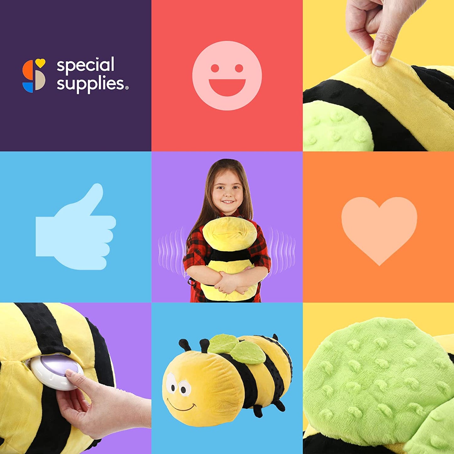 Special Supplies Bumble Bee Sensory Vibrating Pillow, Pressure Activated for Kids and Adults, Plush Minky Soft with Textured Therapy Stimulation Bumps