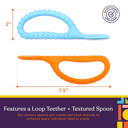 Special Supplies Duo Spoon Loops Oral Motor Therapy Tools, 2 Pack, Textured Stimulation and Sensory Input Treatment for Babies, Toddlers or Kids, BPA Free Silicone with Flexible, Easy Handle-Blue & Orange