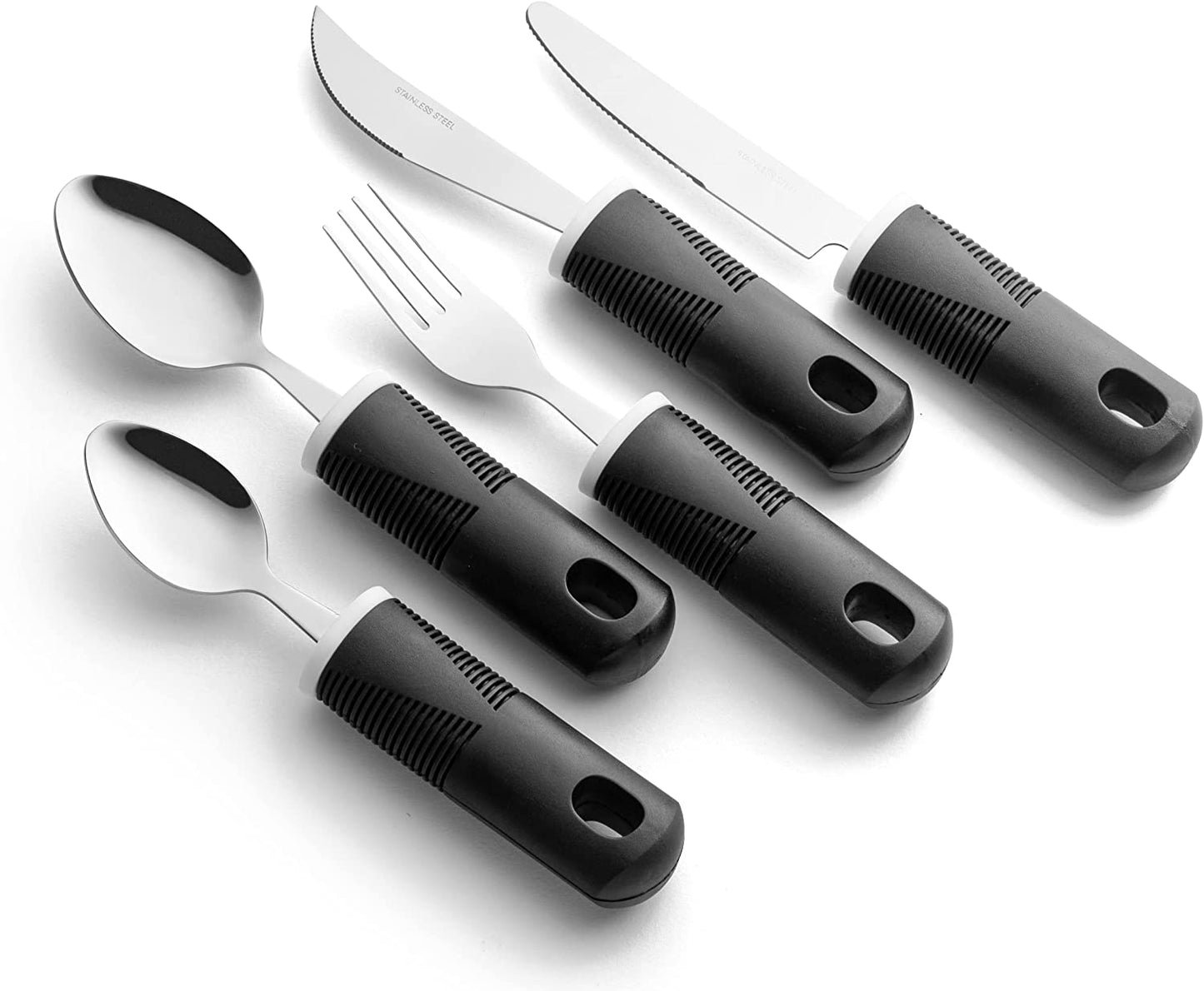 Adaptive Utensils - Arthritis Aid Silverware Set for Parkinsons, Hand Tremors - Easy Grip for Shaking, Elderly & Trembling Hands - Stainless Steel Spoons, Fork & Knifes Included - Black