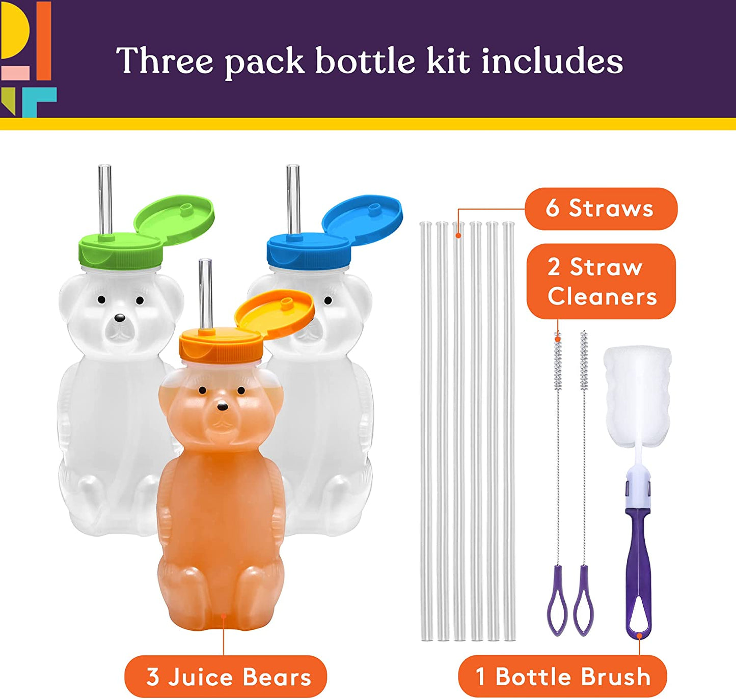 3-pack Juice Bear Bottle Drinking Cup with Long Straws (8 Ounces) (Orange,Green,Blue Caps)