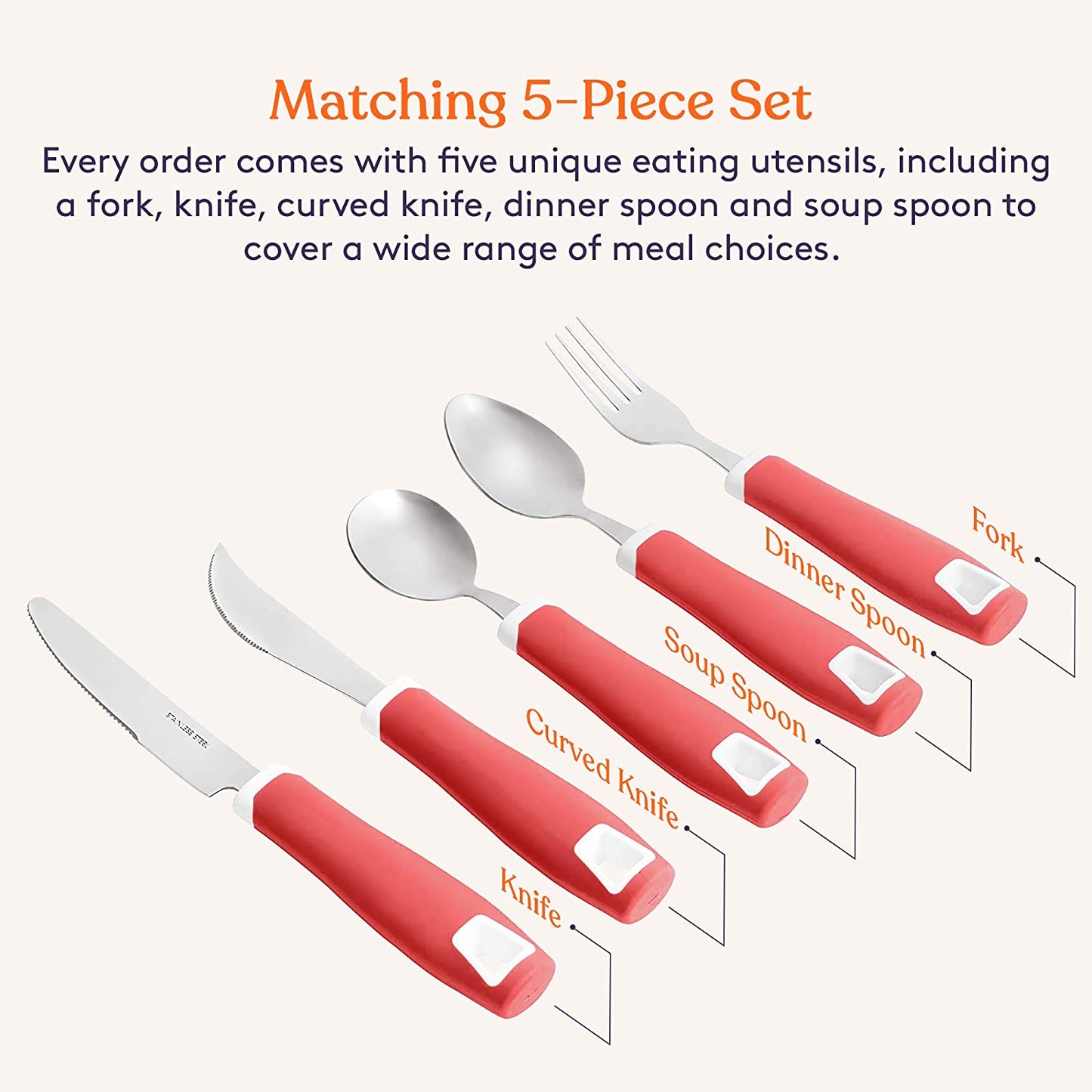 Set of 5 Red Adaptive Utensils - Stainless Steel Knife, Rocker Knife, Fork, Soup Spoon, Dinner Spoon