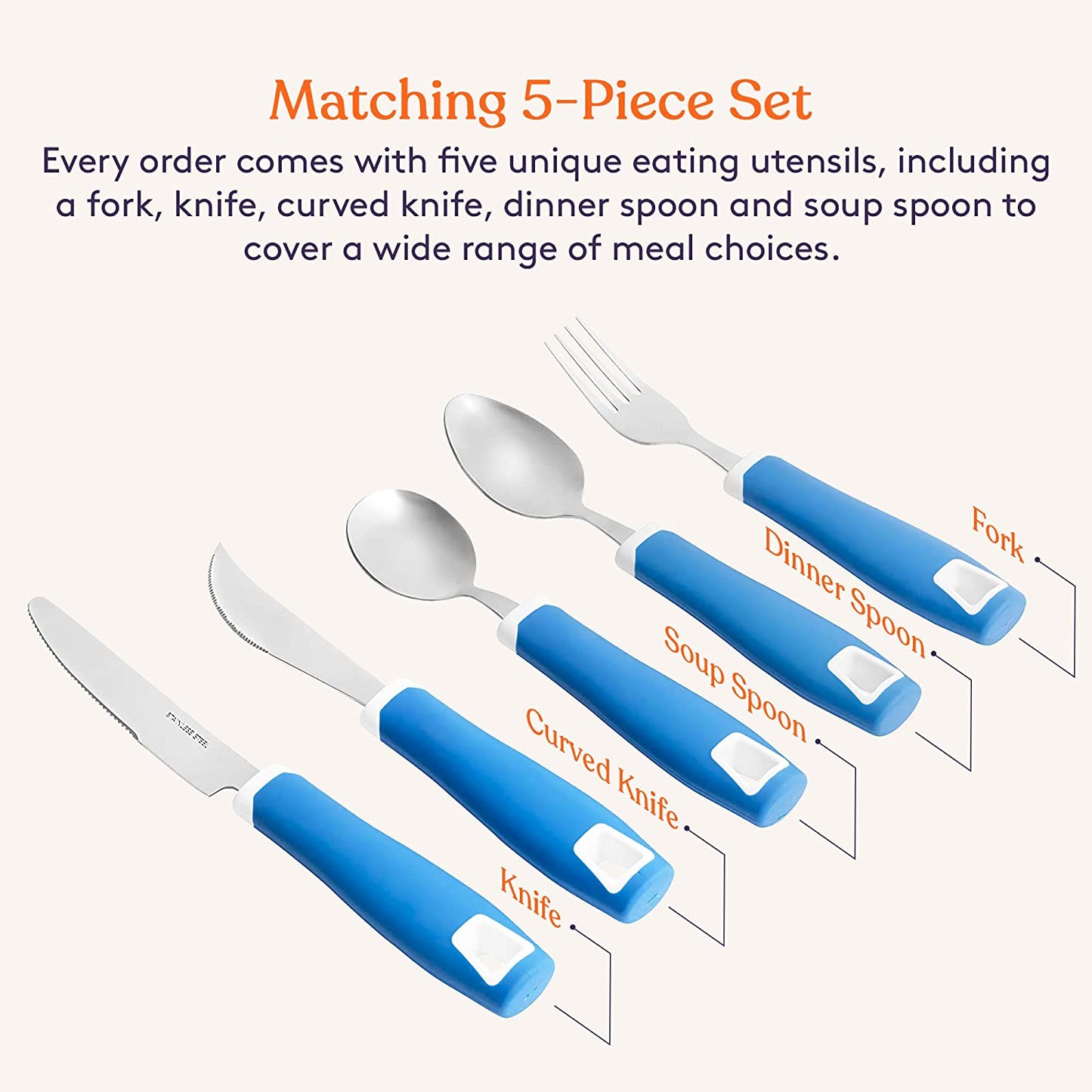 Set of 5 Blue Adaptive Utensils - Stainless Steel Knife, Rocker Knife, Fork, Soup Spoon, Dinner Spoon