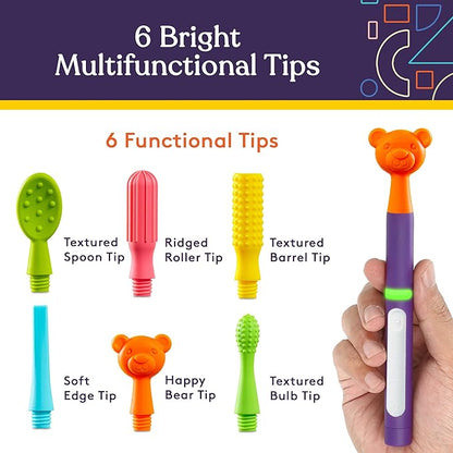 BUZZ BUDDY™ Oral Stimulation Kit with 6 Soft Textured Interchangeable Heads, Calm Sensory Needs, Support Speech, and Stimulate Self Feeding, Gentle Vibrations