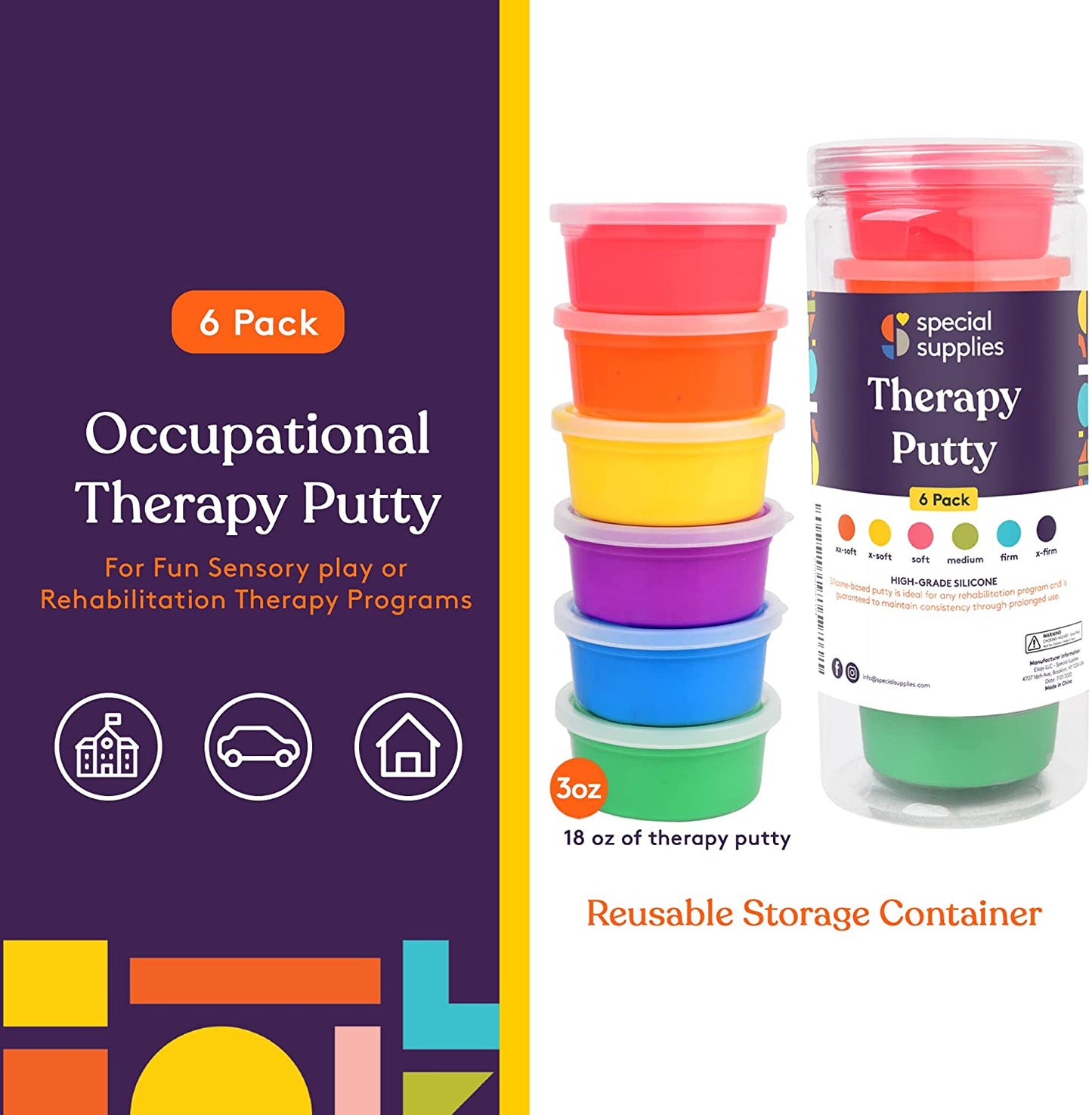 Therapy Putty - Resistive Hand Exercise Kit Set Of 6 Strengths 3oz Each