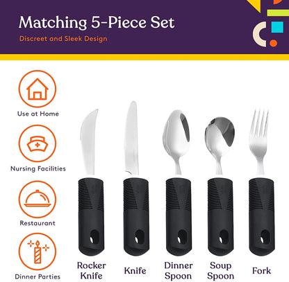 Adaptive Utensils - Arthritis Aid Silverware Set for Parkinsons, Hand Tremors - Easy Grip for Shaking, Elderly & Trembling Hands - Stainless Steel Spoons, Fork & Knifes Included - Black