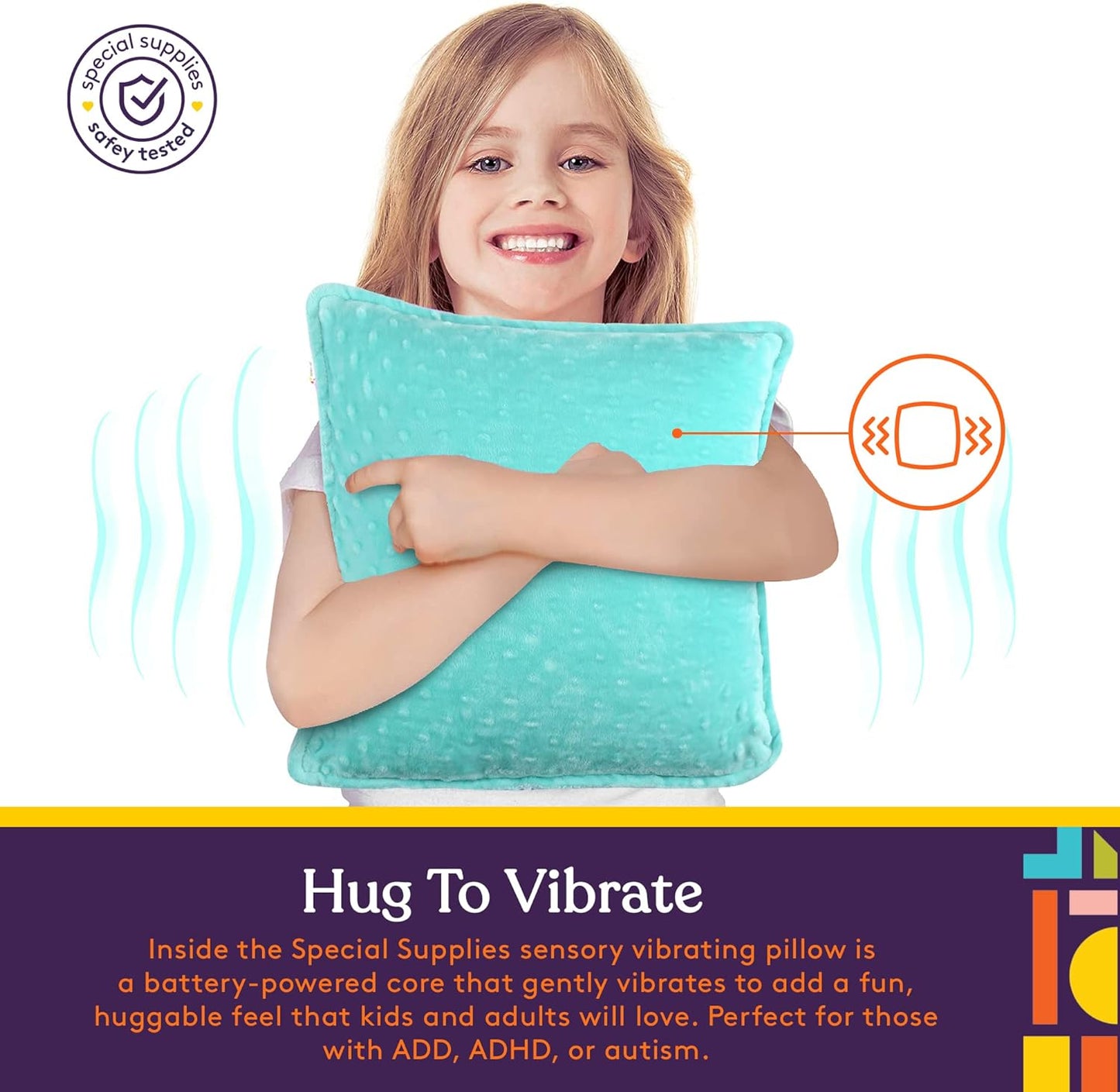 Vibrating Pillow Sensory Pressure Activated for Kids and Adults, 12” x 12” Plush Minky Soft Cover with Textured Therapy Stimulation Bumps, Blue and Green