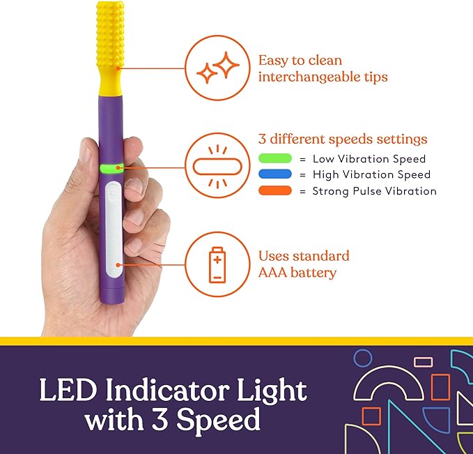 BUZZ BUDDY™ Oral Stimulation Kit with 6 Soft Textured Interchangeable Heads, Calm Sensory Needs, Support Speech, and Stimulate Self Feeding, Gentle Vibrations