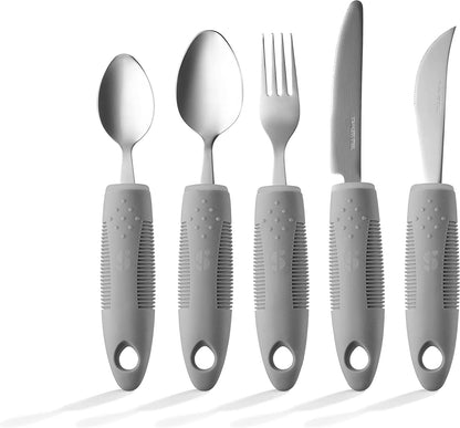 Adaptive Utensils - Arthritis Aid Silverware - Easy Grip for Shaking, Elderly & Trembling Hands - Stainless Steel Spoons, Fork & Knifes Included - Grey