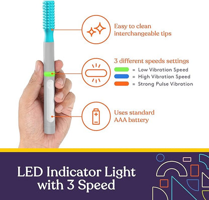 BUZZ BUDDY™ Oral Stimulation Kit with 6 Soft Textured Interchangeable Heads, Calm Sensory Needs, Support Speech, and Stimulate Self Feeding, Gentle Vibrations