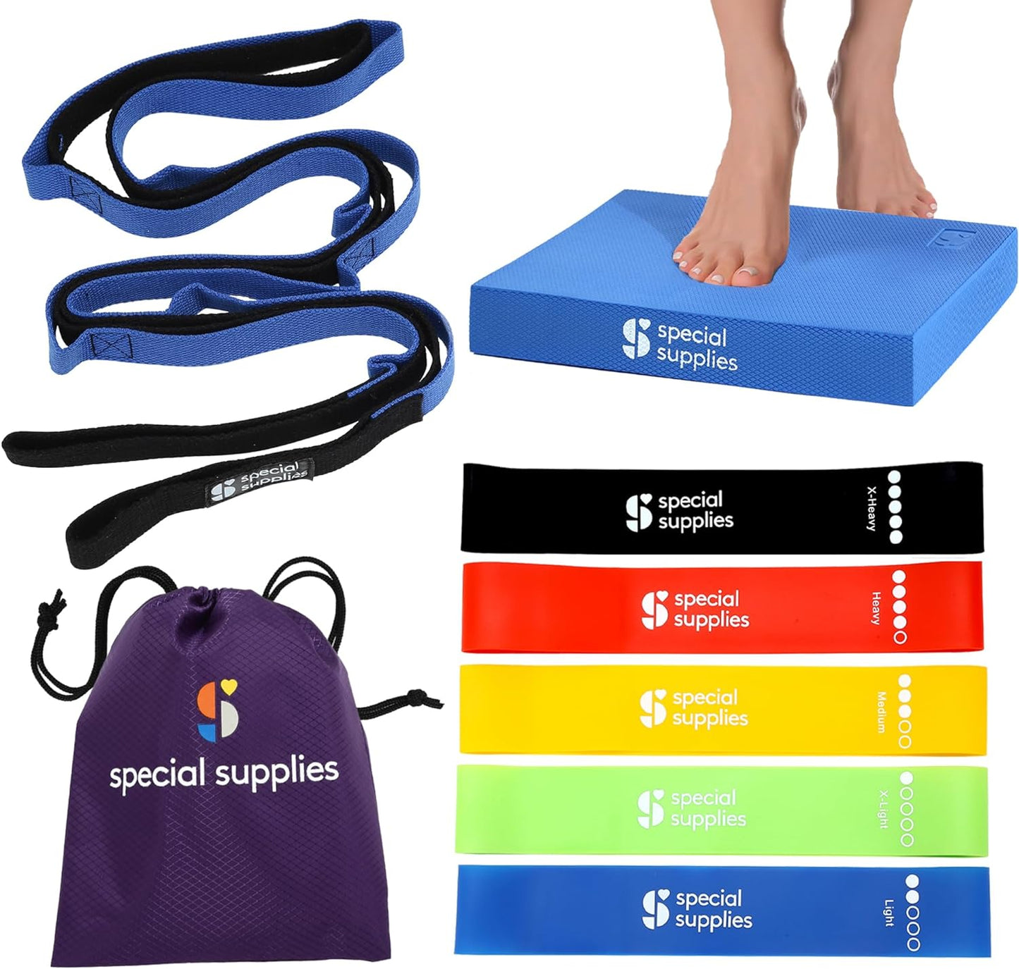 Exercise Balance Pad, Yoga Strap & Resistance Bands for Stretching, Fitness, and Physical Therapy, Home Gym and Personal Training Equipment, 7 Pc. Exercise Kit