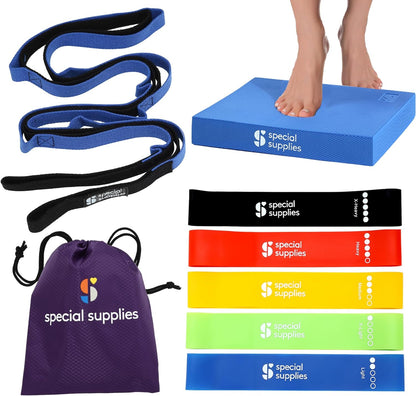 Exercise Balance Pad, Yoga Strap & Resistance Bands for Stretching, Fitness, and Physical Therapy, Home Gym and Personal Training Equipment, 7 Pc. Exercise Kit