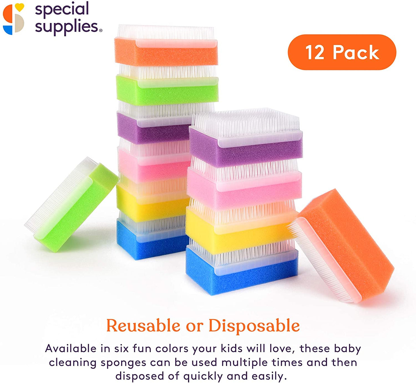 Baby Bath Sponge (12-Pack) Soft Foam Scrubber with Cradle Cap Bristle Brush - Body, Hair, and Scalp Cleaning - Gentle on Infants