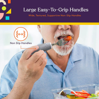 Adaptive Utensils - Arthritis Aid Silverware - Easy Grip for Shaking, Elderly & Trembling Hands - Stainless Steel Spoons, Fork & Knifes Included - Grey